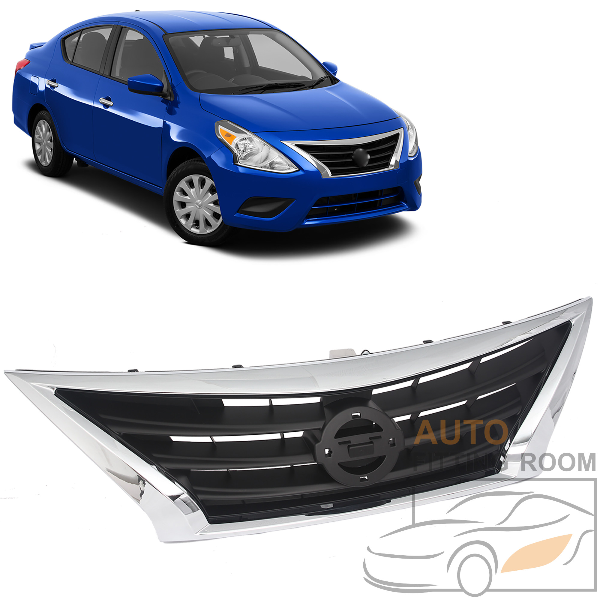 Chrome & Black Grille Assembly For 2015-2019 Nissan Versa Sedan | Direct Replacement By Evan-Fischer